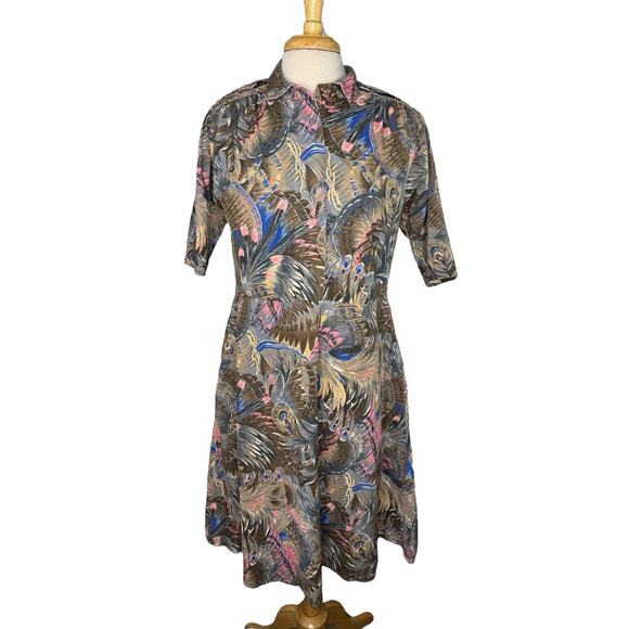 Vintage Brown Feather Button Up Cotton Shirt Dress Size 12 Womens Made in USA - Picture 1 of 12